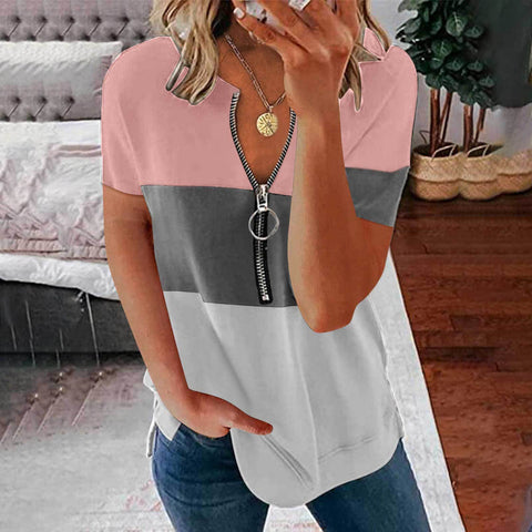 Women's Zip Front V-Neck Color Matching Top