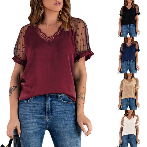 Lace Short Sleeved Solid Color V-neck Top