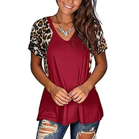 V-Neck Leopard Print Stitching Short-Sleeved Top