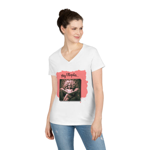 Ladies' V-Neck T-Shirt - Reading - Happy Vibes