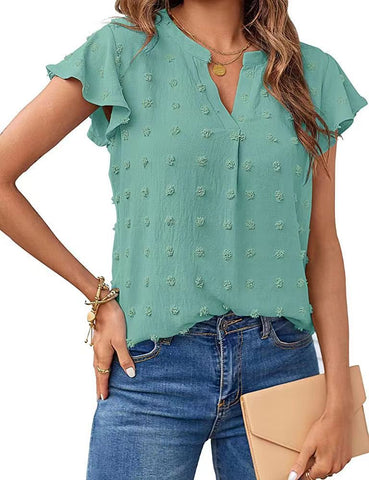 Women V Neck Ruffle Short Sleeve Blouse