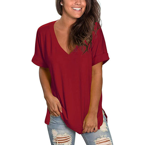 Women's Solid Color V Neck Short-Sleeved T-Shirt Top