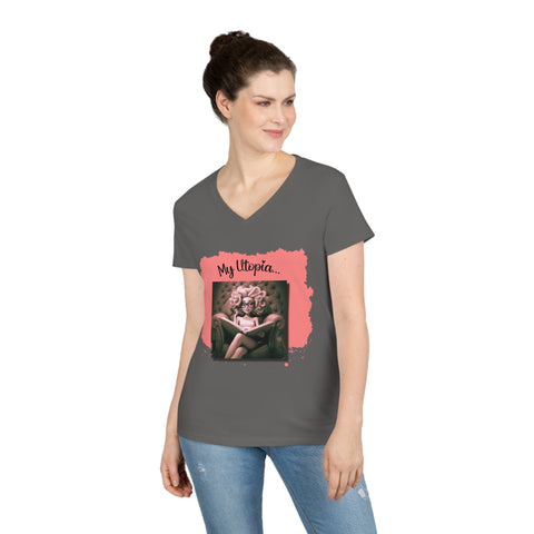 Ladies' V-Neck T-Shirt - Reading - Happy Vibes