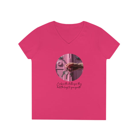 Ladies' V-Neck T-Shirt - Embrace the challenges, they hold the keys to your growth