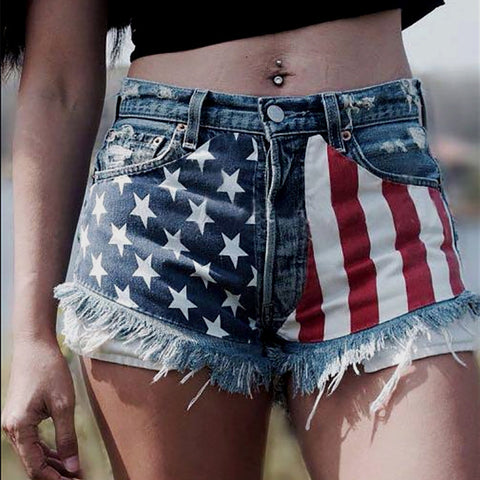 American Flag Jean Shorts With Ripped Fringe