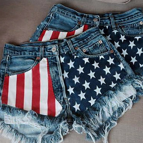 American Flag Jean Shorts With Ripped Fringe