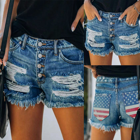 American Flag Jean Shorts With Ripped Fringe