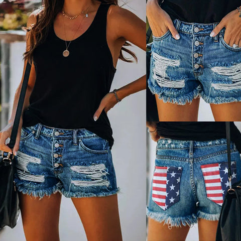 American Flag Jean Shorts With Ripped Fringe