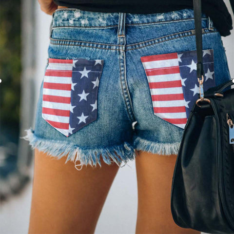 American Flag Jean Shorts With Ripped Fringe