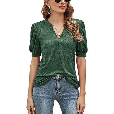 Women's New Casual V-neck Puff Sleeve Loose Women's Top