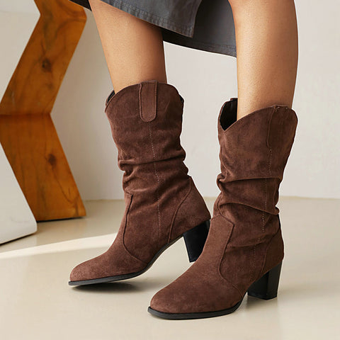 Chunky High Heel Mid-Calf Boots For Women