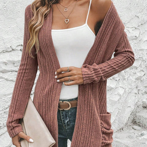 Autumn And Winter Long Sleeve Solid Color Mid-length Knitted Cardigan with Pockets