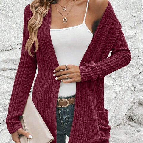 Autumn And Winter Long Sleeve Solid Color Mid-length Knitted Cardigan with Pockets