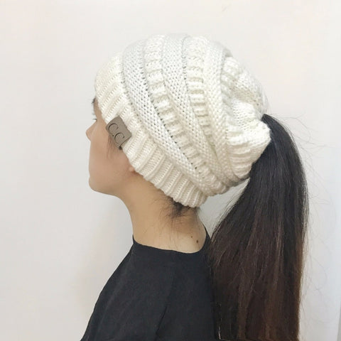 High Bun Ponytail Beanie Hat Chunky Soft Stretch Cable Knit Warm Fuzzy Lined