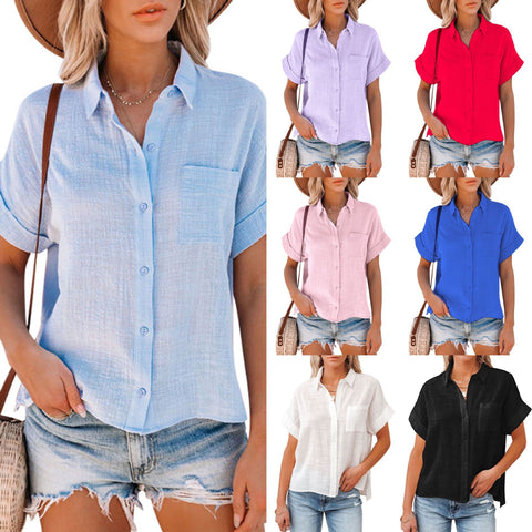 Solid Color  Cotton And Linen Short-Sleeved Ladies Lapel Button-down Shirt