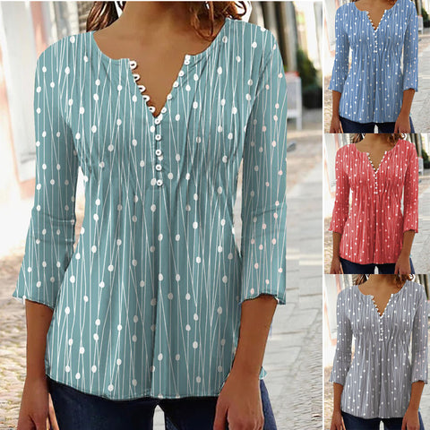 Fashion Printed Long Sleeved Shirt V-neck Blouse