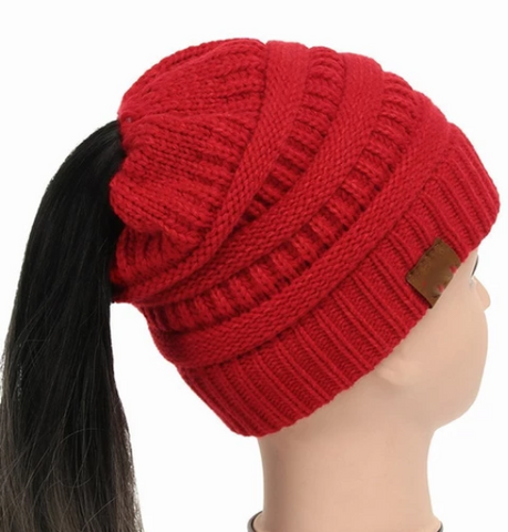 High Bun Ponytail Beanie Hat Chunky Soft Stretch Cable Knit Warm Fuzzy Lined