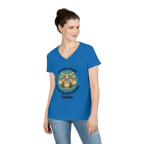 Ladies' V-Neck T-Shirt - Taurus - Grounded strength, unwavering determination