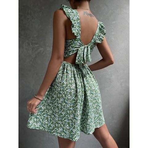 Summer Square-neck Ruffled Sleeveless Dress With Bow-tie Backless Design, Casual Holiday Beach Dress