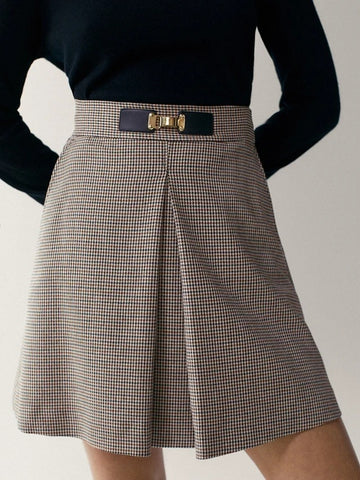 A Line Houndstooth Skirt High Waist Vintage Plaid Mini Skirt