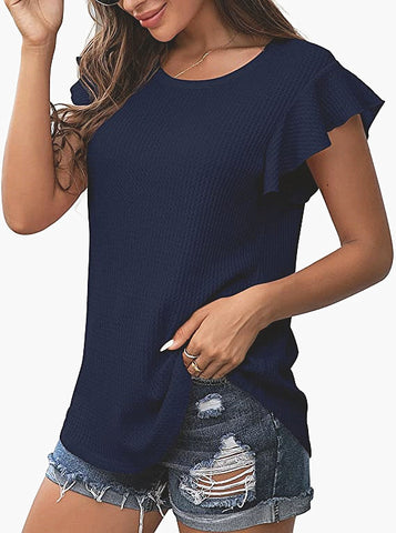 Waffle Solid Color Short Sleeve Round Neck Ruffle Sleeve Top