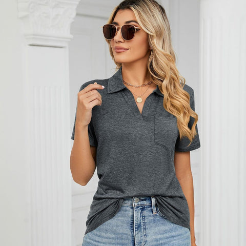 Solid Color Short Sleeved Lapel Pocket Top