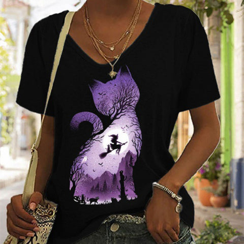 Multi Print Witch, Cat, Halloween, Beth Dutton Short Sleeve Top