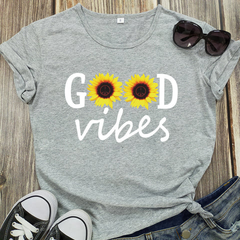 Good Vibes Sunflower Print Short Sleeve T-Shirt Top