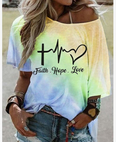 Faith Hope Love Tie Dye Gradient Loose T-Shirt Top