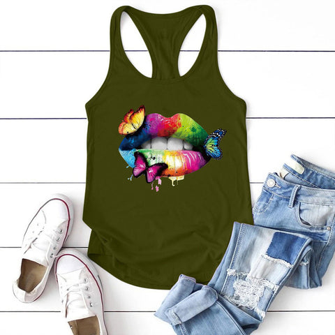 Multicolored Lips and Butterflies Printed Tank Top