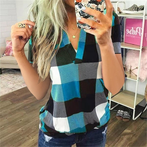 Plaid Printed V-Neck Short-Sleeved Top