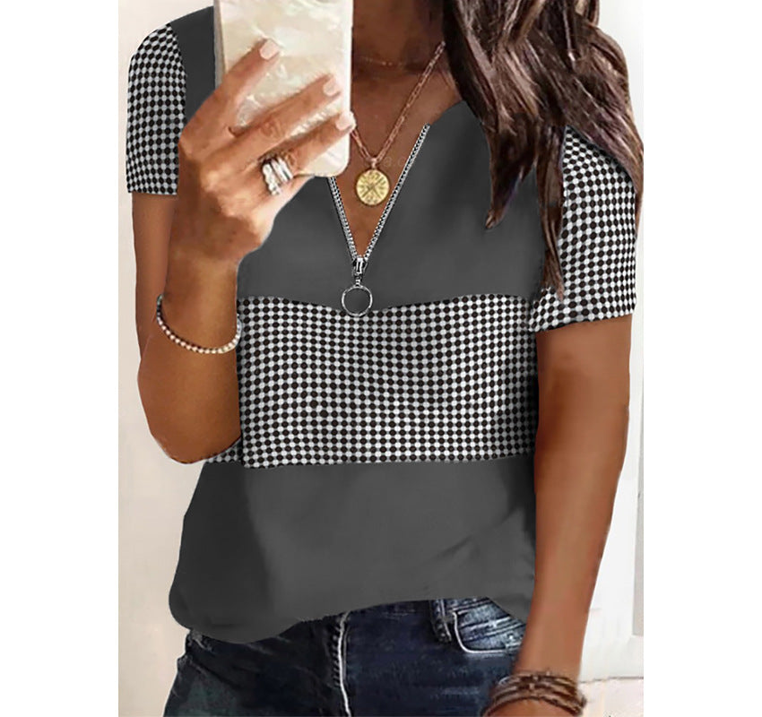 Plaid Print Check V-neck Zipper Neckline Short Sleeve Top