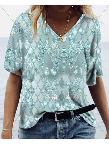 Diamond Design Printed Loose V Neck Short Sleeve Top