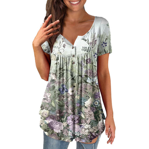 Printed Ruffled Tunic Pullover Short Sleeve