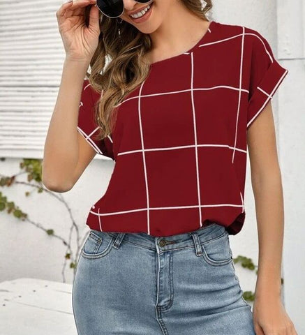 Check Print Drop Shoulder Short Sleeve Shirt Top