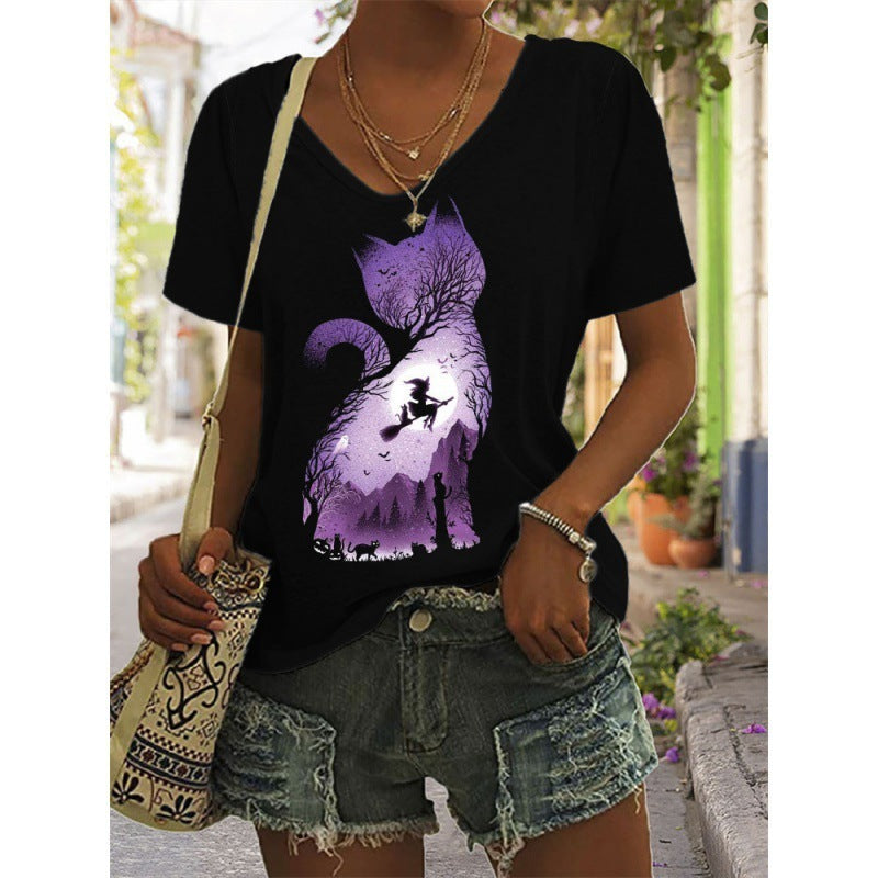 Multi Print Witch, Cat, Halloween, Beth Dutton Short Sleeve Top