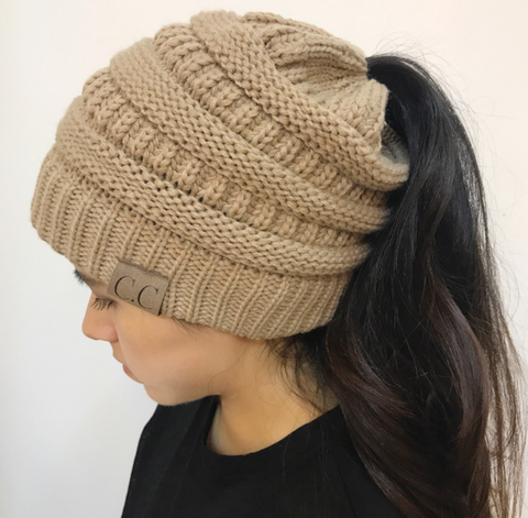 High Bun Ponytail Beanie Hat Chunky Soft Stretch Cable Knit Warm Fuzzy Lined