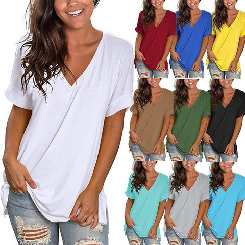 Women's Solid Color V Neck Short-Sleeved T-Shirt Top