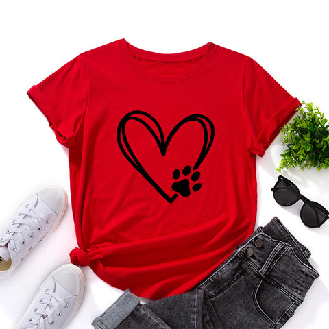 Women's Loose Round Neck Short Sleeve T-shirt With Heart-shaped Paw Print