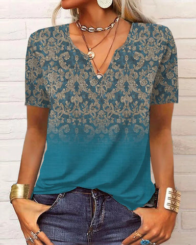 Women's Loose Floral V-neck Short-sleeved Top