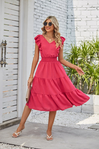 Ruffled Sleeveless V-Neck, Elastic Waist A-Line Summer Dress