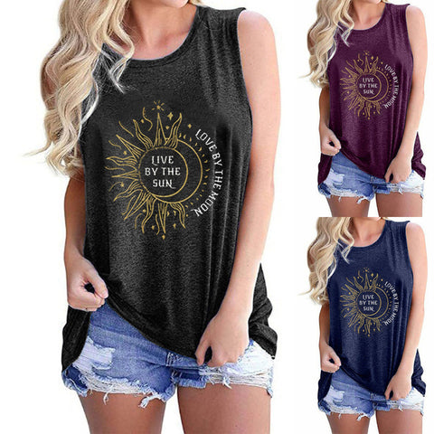 Ladies Sunflower Round Neck Sleeveless T-shirt Top