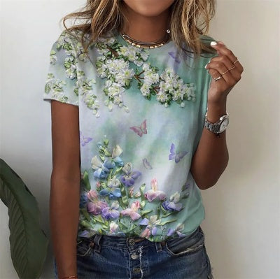 Floral Print Round Neck Short-sleeved T-shirt