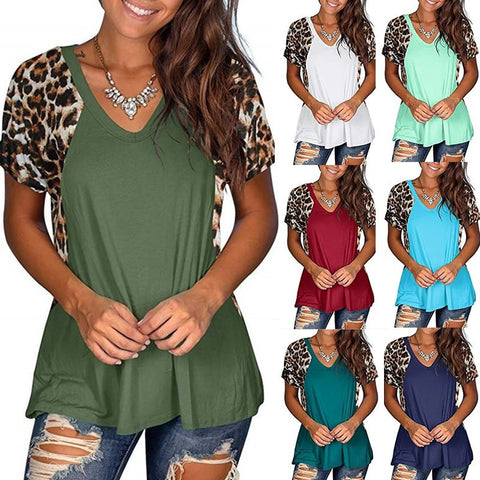 V-Neck Leopard Print Stitching Short-Sleeved Top