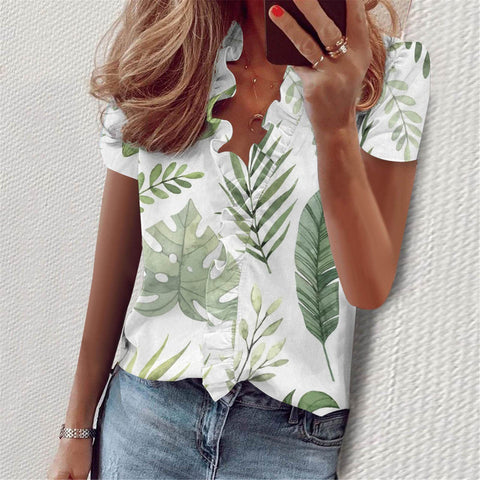 Summer Ruffles Short Sleeve Slim Flower Print