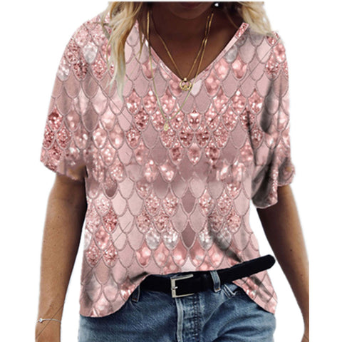 Diamond Design Printed Loose V Neck Short Sleeve Top