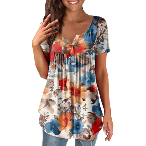 Printed Ruffled Tunic Pullover Short Sleeve