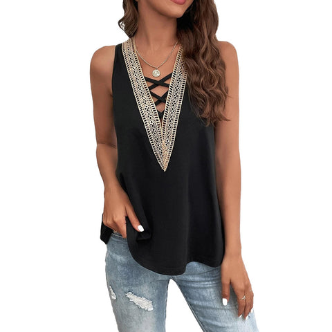 Lace V-Neck Solid Color Sleeveless Top