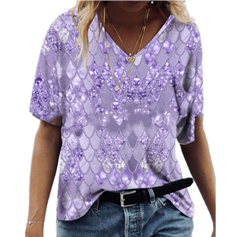 Diamond Design Printed Loose V Neck Short Sleeve Top