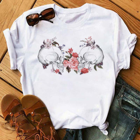 Women's Floral Skull Trendy T-Shirt